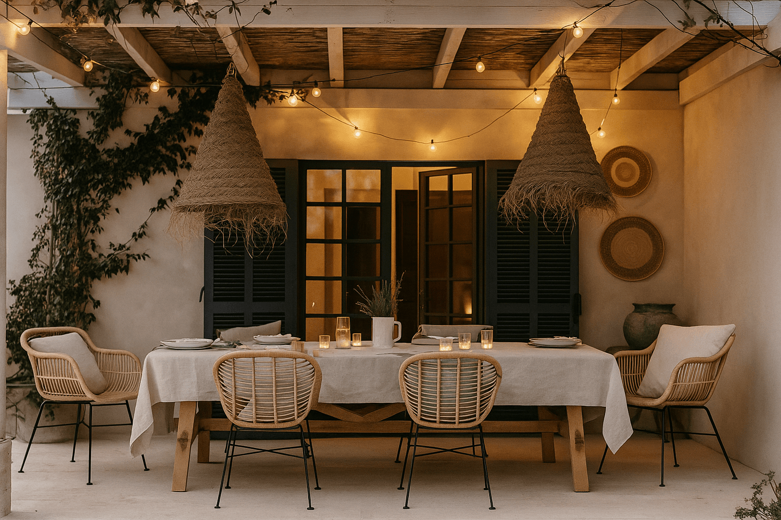 Āra terases ēdamzona ar pītām piekaramajām lampām, lina galdautu un rotangpalmas krēsliem, radot siltu un mājīgu atmosfēru.