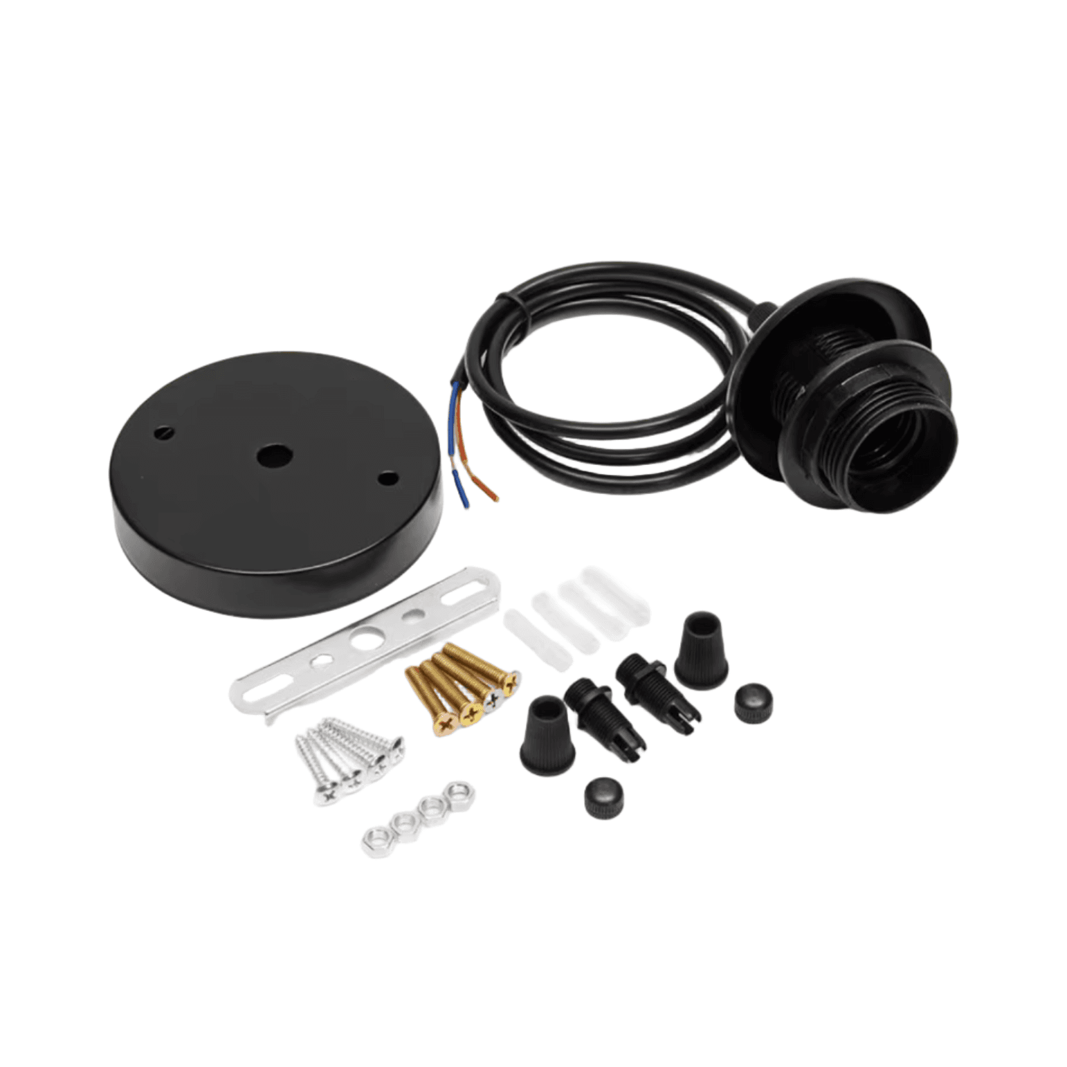 Melns griestu lampas elektroinstalācijas komplekts ar E27 patronu, griestu stiprinājumu, vadu un montāžas detaļām.