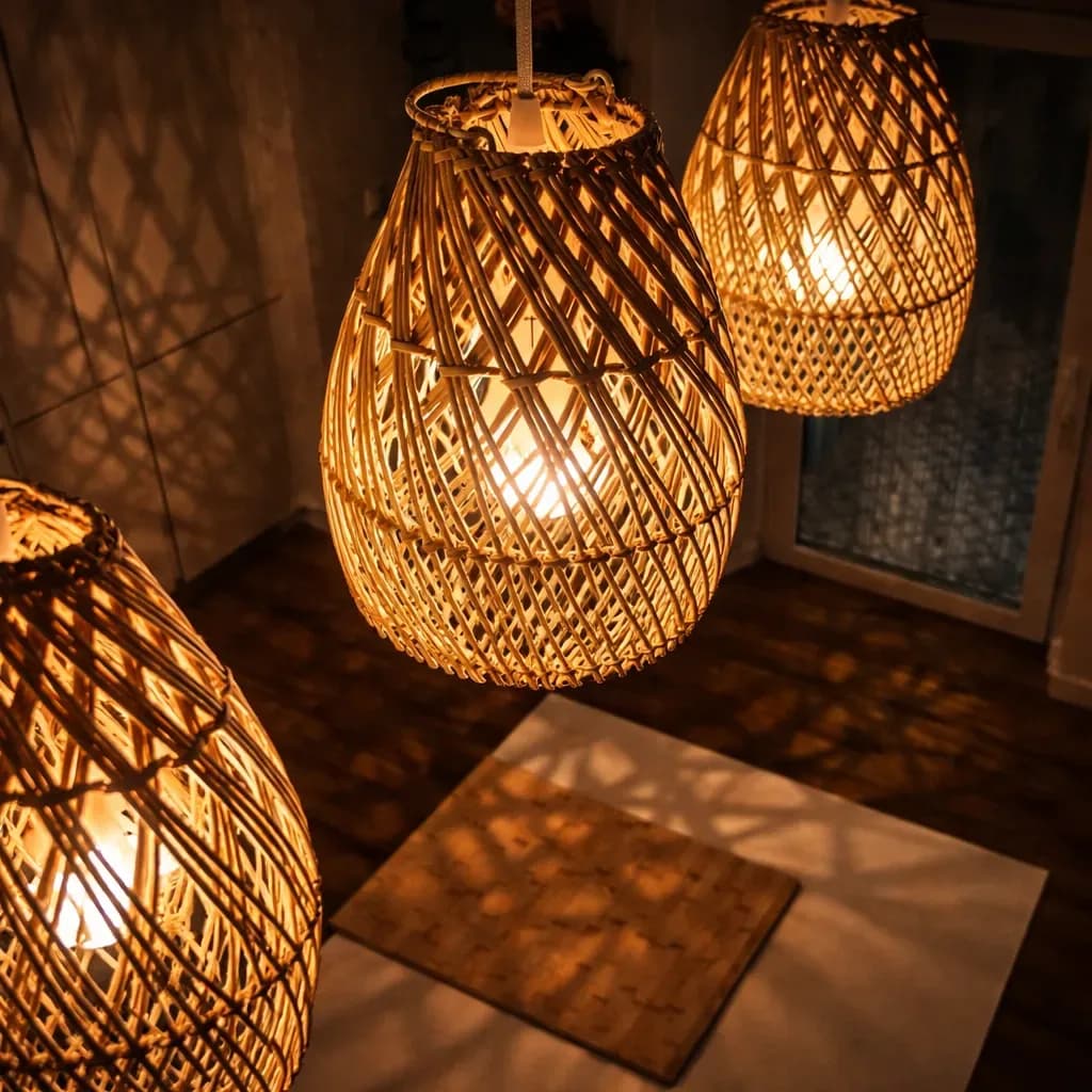 Pītas dabīga materiāla piekaramās lampas ar siltu LED apgaismojumu, radot mājīgu atmosfēru interjerā.