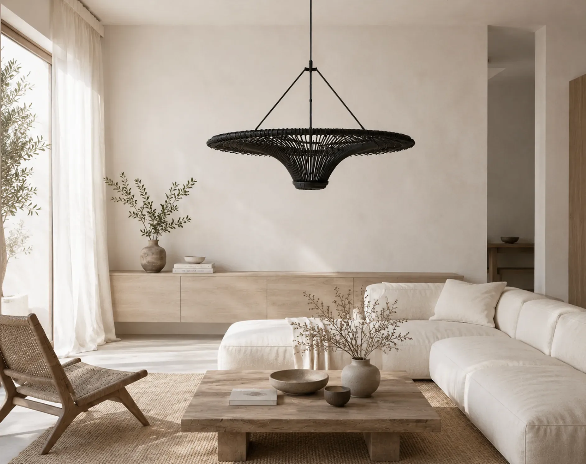 Black Rattan Lampshade - LARGE WHEEL 150 cm - View in a room