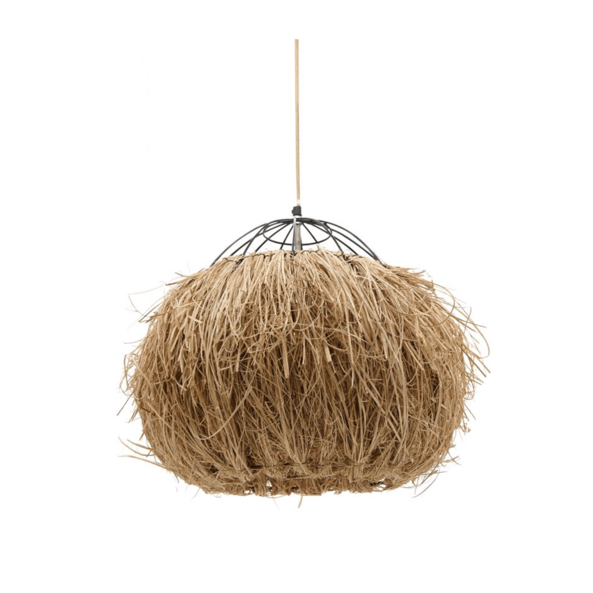 Round reed woven ceiling lamp with metal frame.