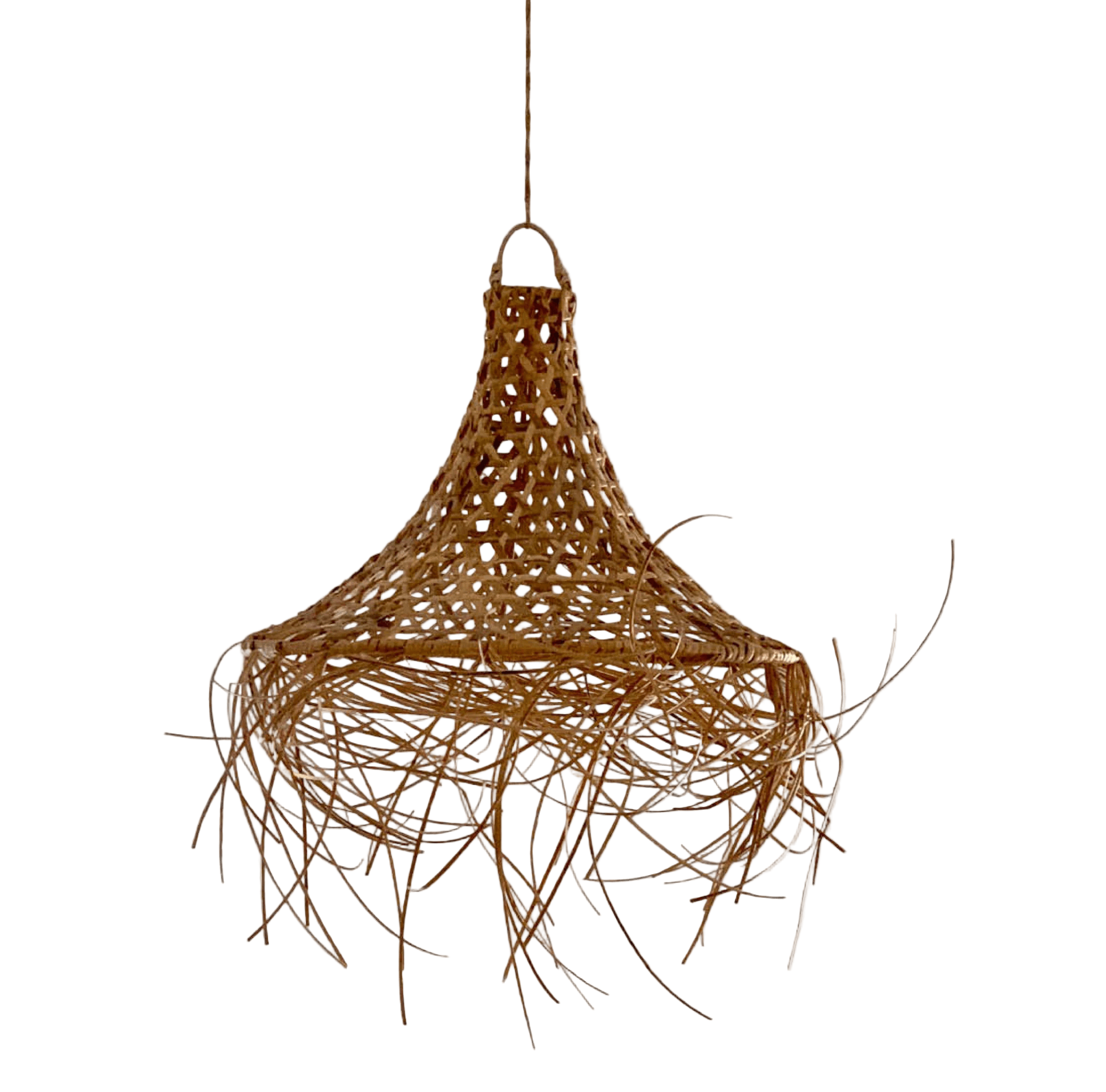 Käsitsi valmistatud laelamp pilliroost. Koonusekujuline, boho stiil.