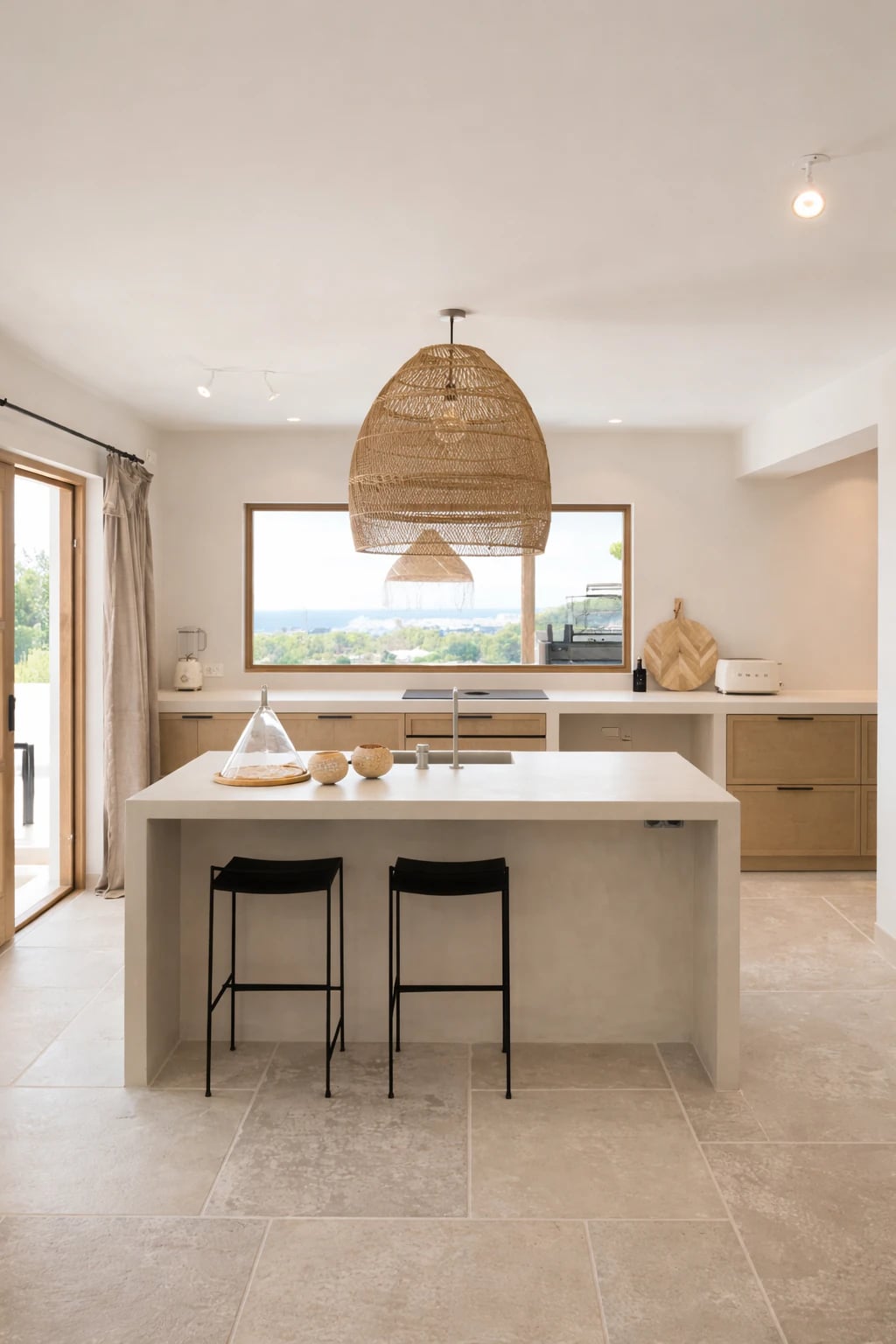 Kitchen with PītasLampas reed ceiling lamp: warm glow, Scandinavian style.