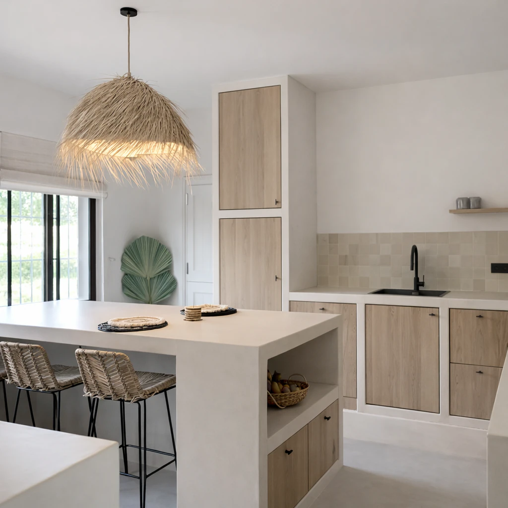 Handmade reed ceiling lamp by PītasLampas in kitchen. Warm, ambient light.