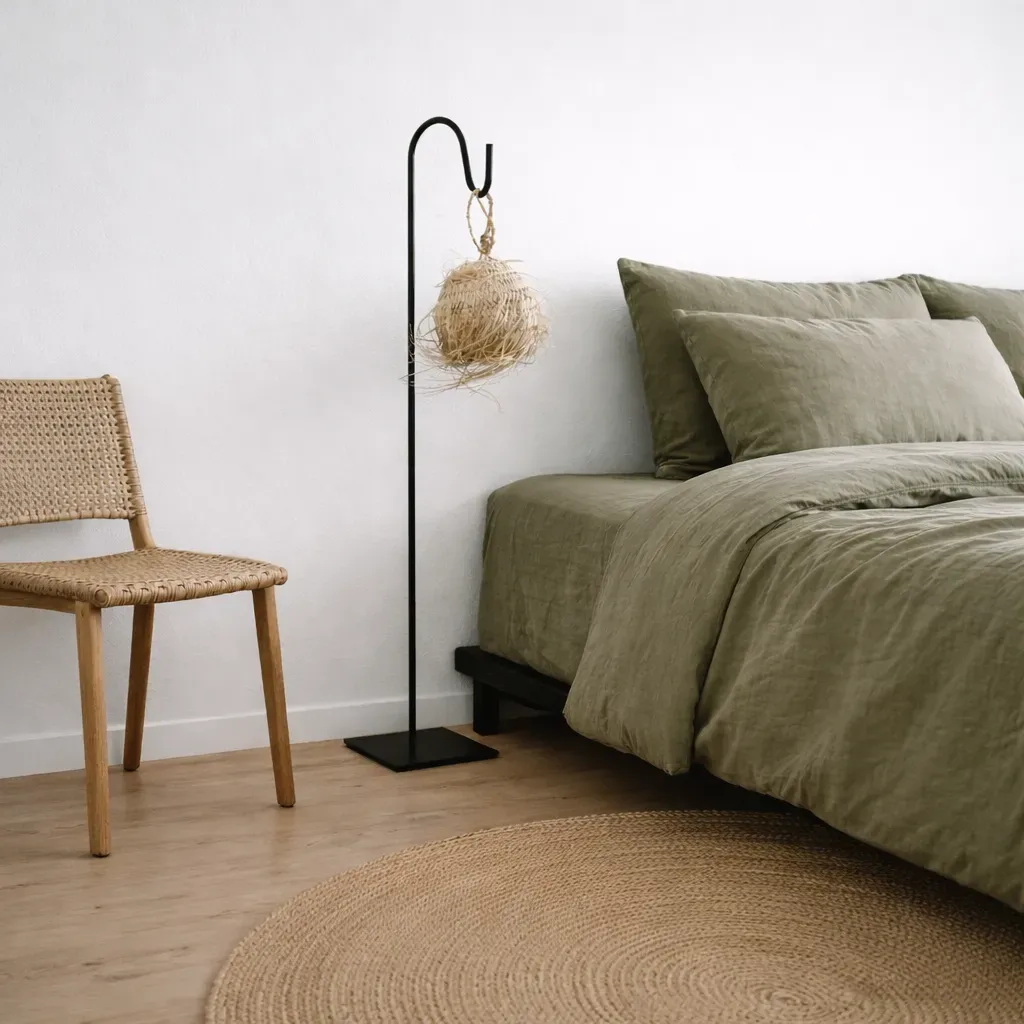 Woven reed ceiling lamp with warm glow in a minimalist bedroom setting.