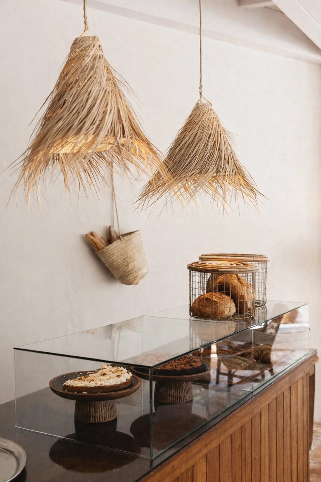 PītasLampas ceiling lamps in café: reed shades create a warm glow.