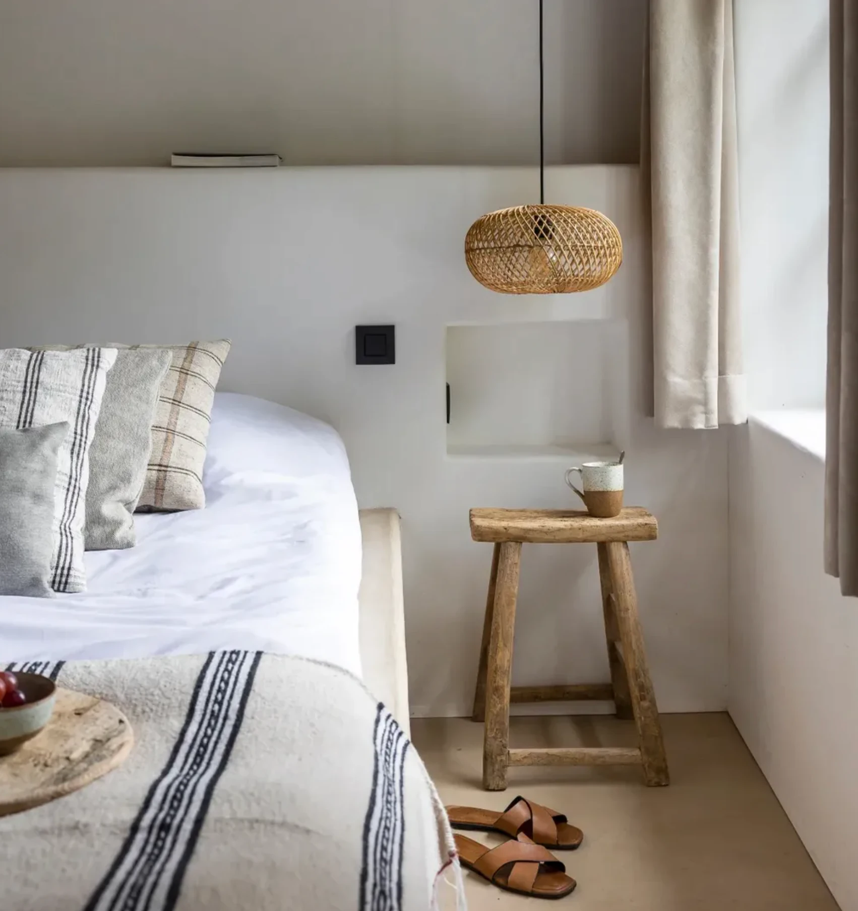 Handwoven reed ceiling lamp with natural texture for Scandinavian interior