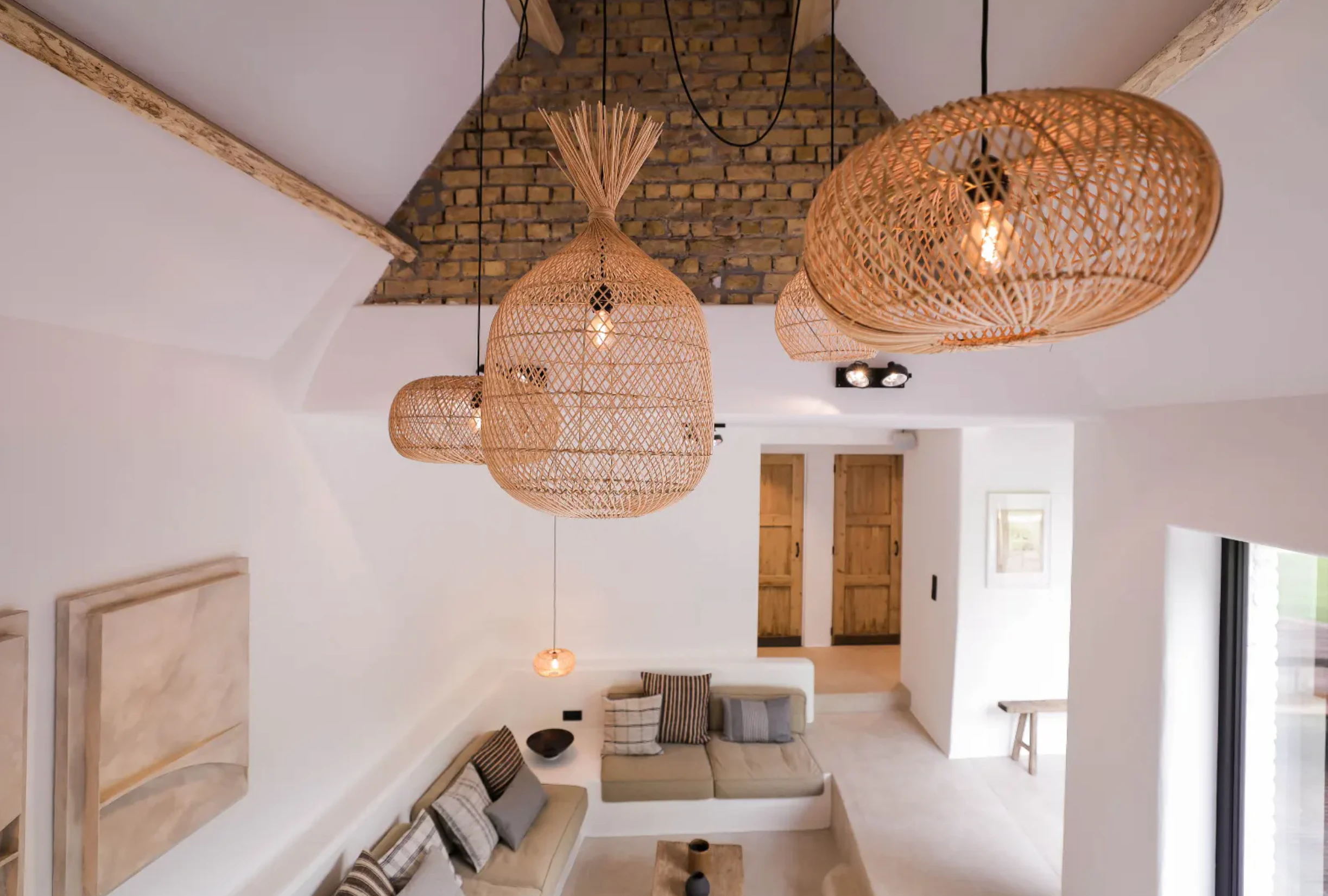 Woven reed ceiling lamp with natural texture for Scandinavian interiors