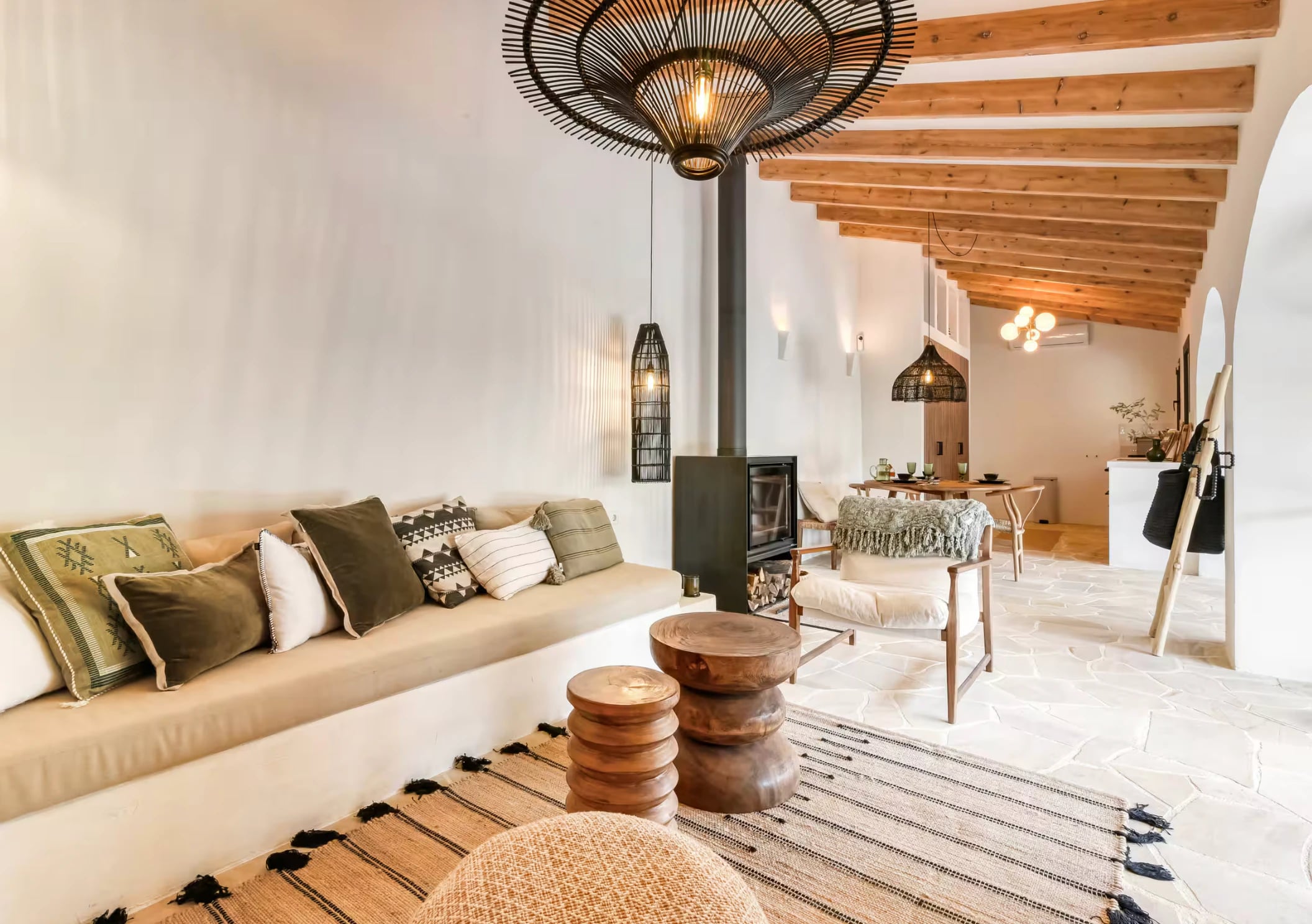 Handwoven reed ceiling lamp with natural texture for Scandinavian interior design
